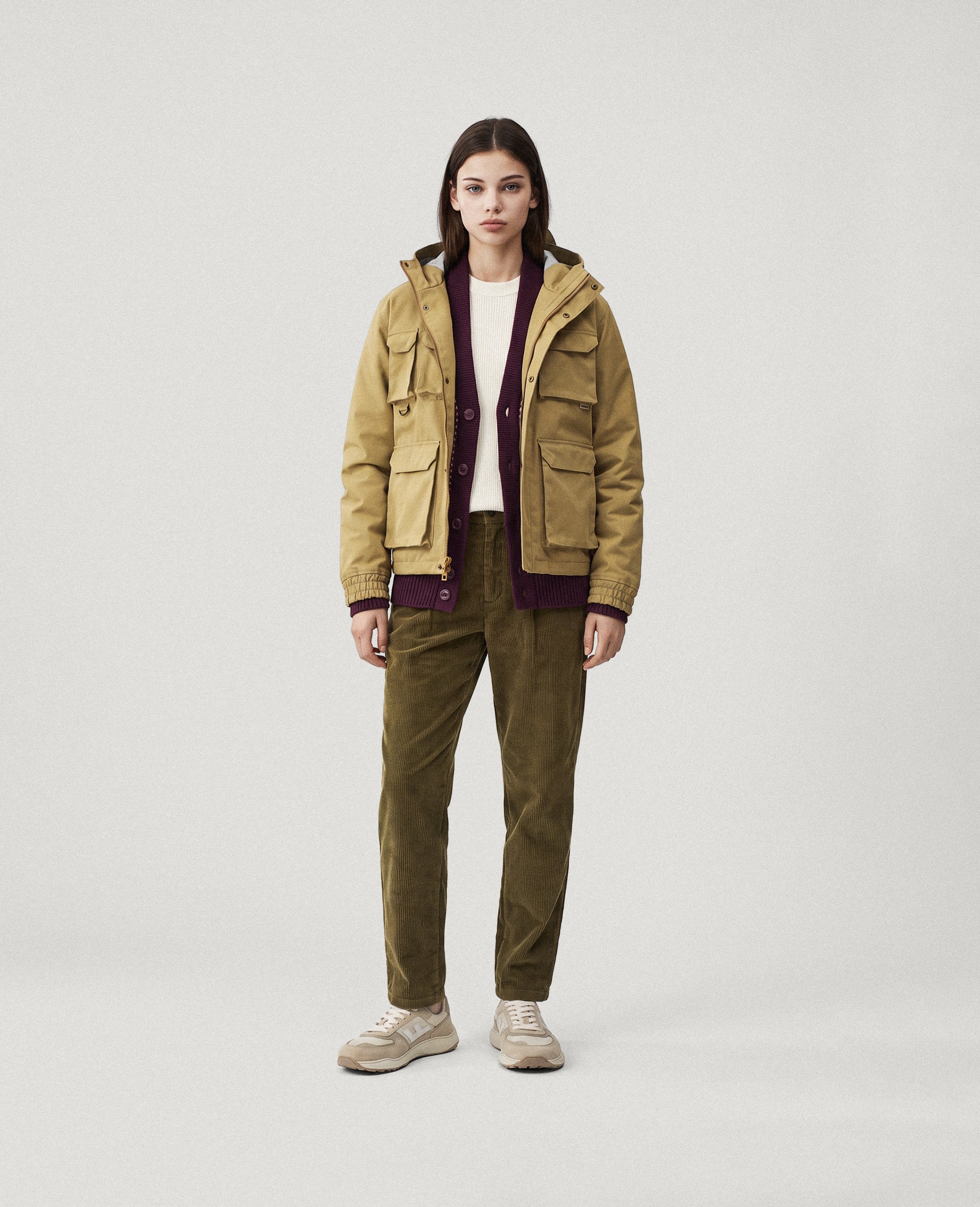 ZERO DROP Sand Olive barefoot sneakers – styled with a khaki jacket and olive trousers