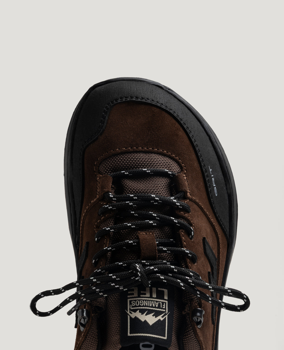 ZERO GRIT Rich Brown barefoot sneaker – close-up of the wide toe box from above