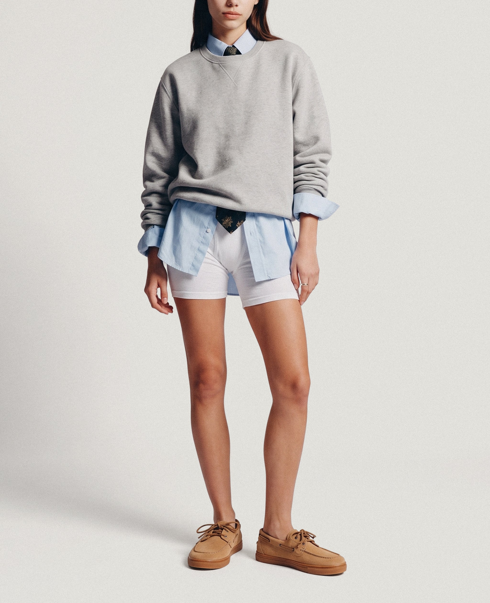 ZERO BOAT Suede Tan barefoot boat shoes – styled with a grey sweater and white shorts
