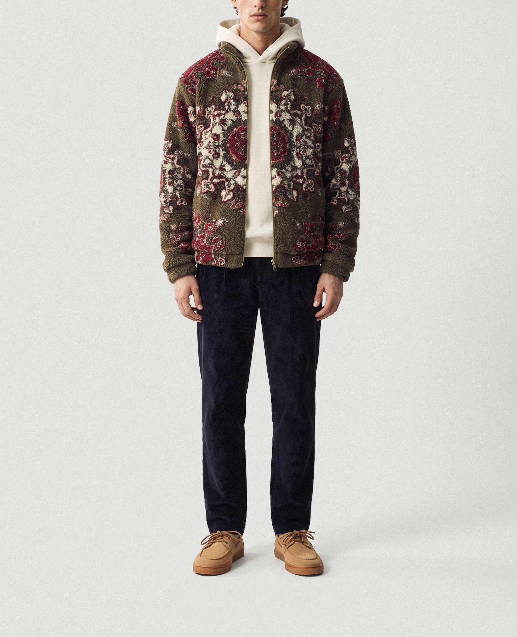 ZERO BOAT Suede Tan barefoot boat shoes – styled with a patterned jacket and dark trousers