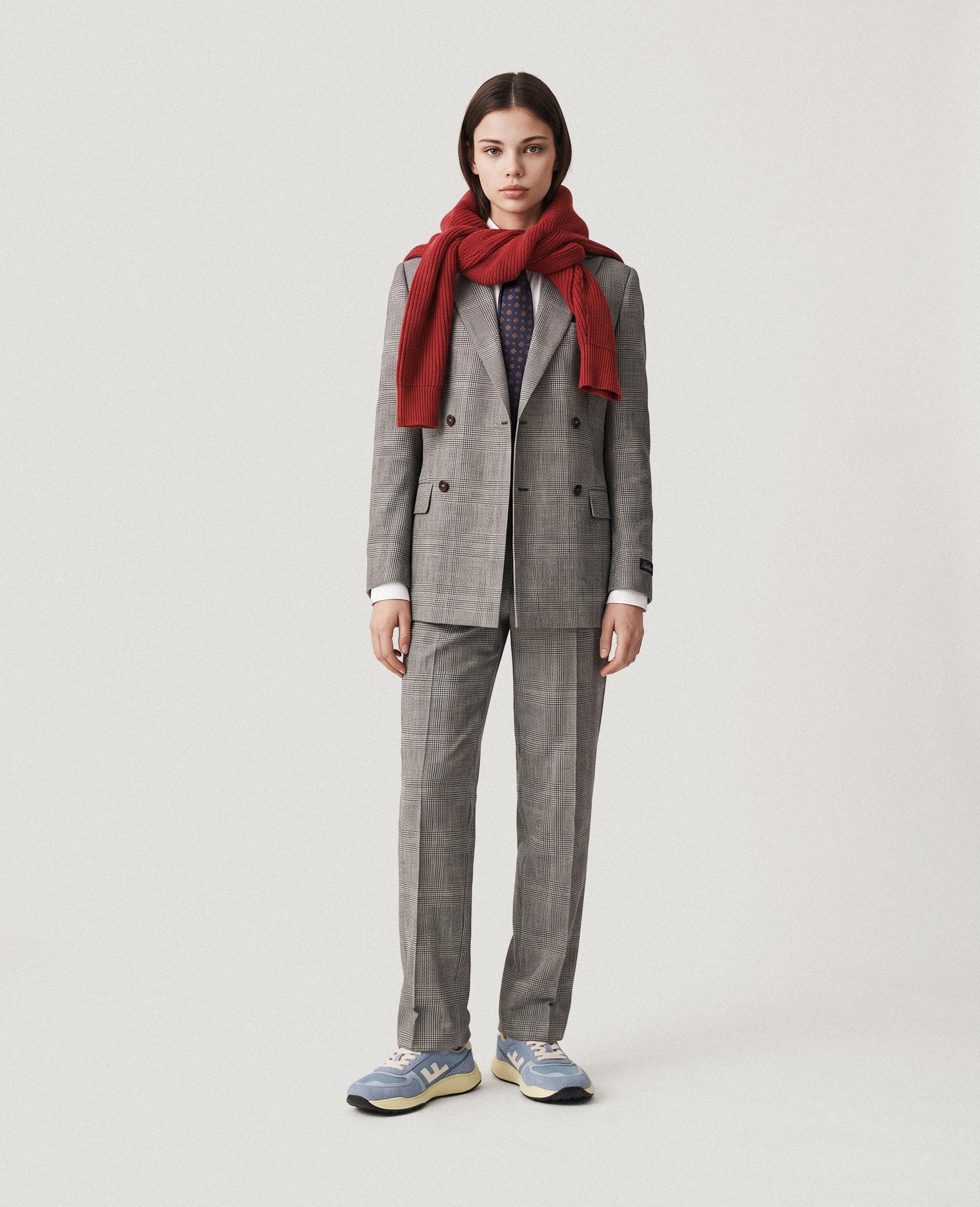 ZERO DROP Sky Vanilla barefoot sneakers – styled with a grey checked suit